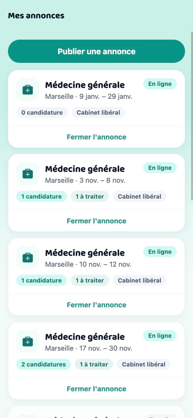Liste des annonces d'un médecin avec les candidatures