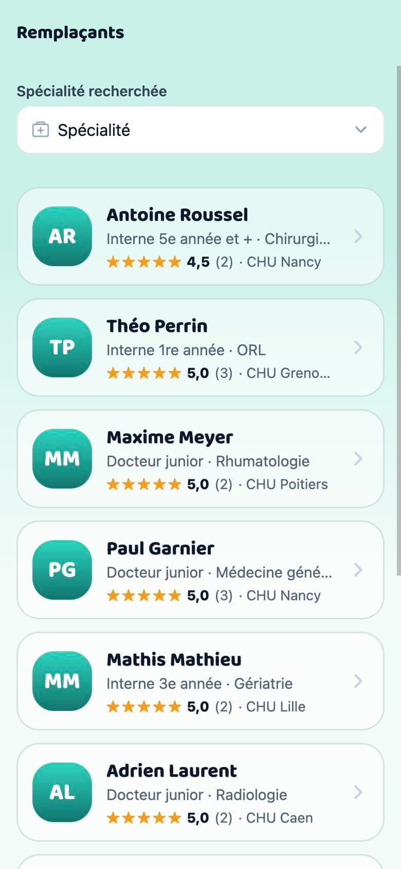 Liste des remplaçants avec leur statut et leurs avis