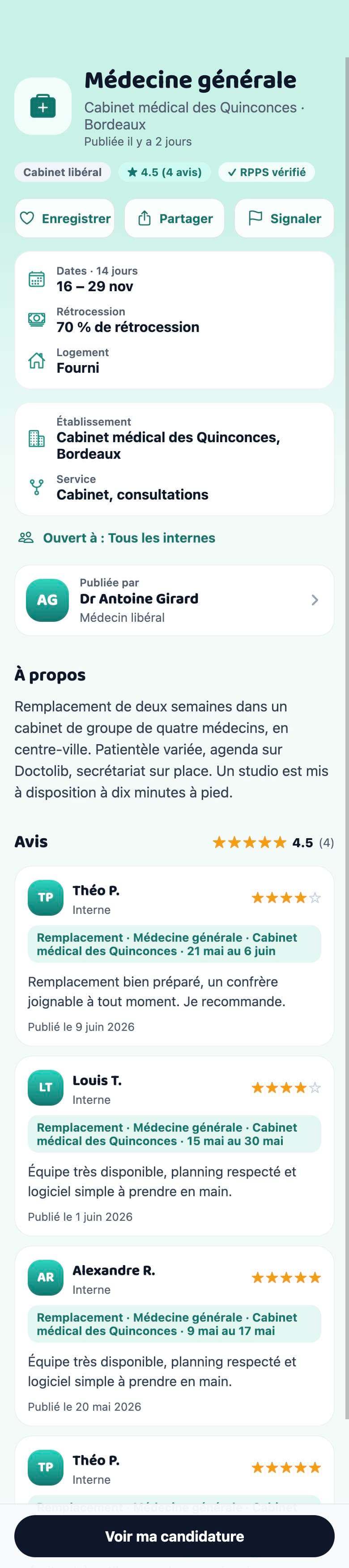 Fiche d'une annonce de remplacement : dates, rétrocession, établissement, avis